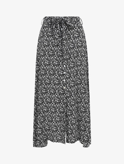 Jupe longue à taille élastiquée imprimé fleuri - Noir - 1