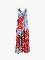 Robe longue imprimé floral style patchwork - Rouge - 1