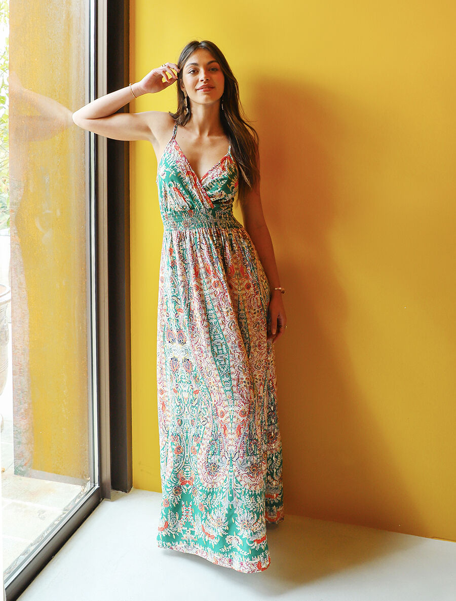 Robe longue fleurie et irisée - Vert - 5