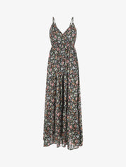 Robe longue fleurie et satinée à bretelles - Noir - 4