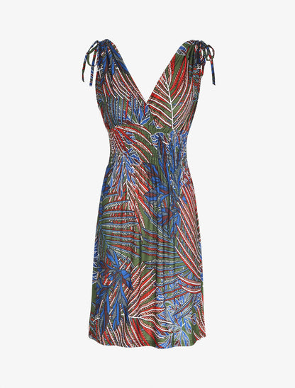 Robe mi-longue élastiquée imprimé feuilles exotiques - Kaki - 5