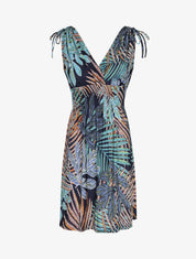 Robe mi-longue élastiquée imprimé feuilles exotiques - Marine - 1