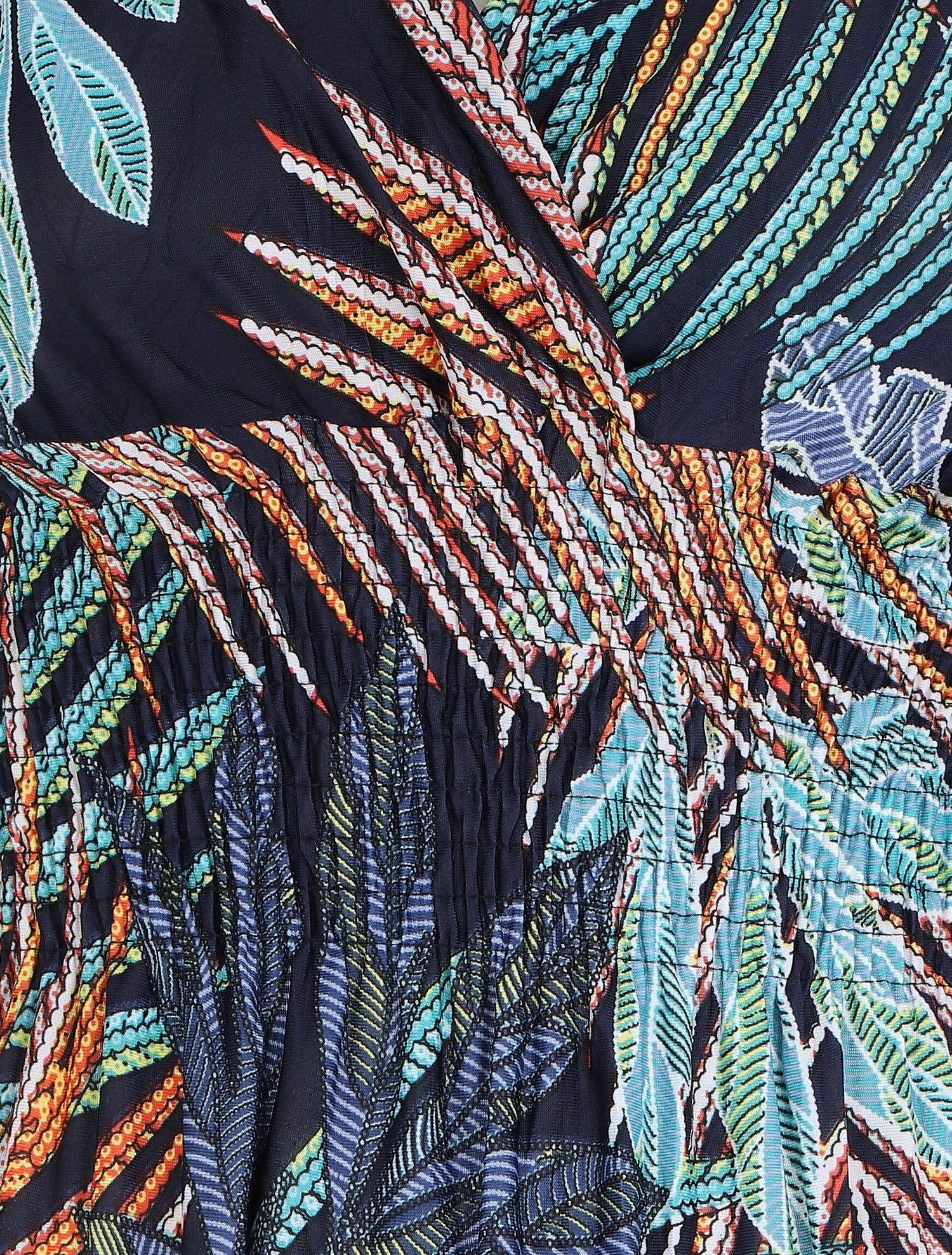 Robe mi-longue élastiquée imprimé feuilles exotiques - Marine - 3