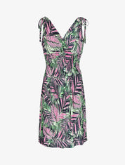 Robe mi-longue élastiquée imprimé feuilles tropicales - Rose - 1