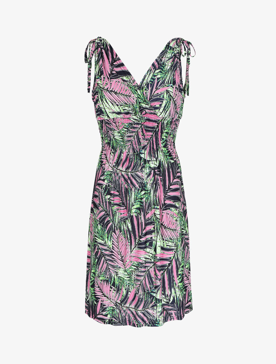 Robe mi-longue élastiquée imprimé feuilles tropicales - Rose - 1
