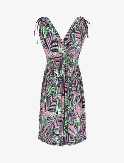 Robe mi-longue élastiquée imprimé feuilles tropicales - Rose - 2