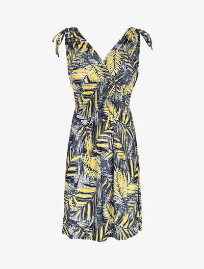 Robe mi-longue élastiquée imprimé feuilles tropicales - Jaune - 5
