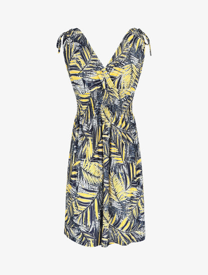 Robe mi-longue élastiquée imprimé feuilles tropicales - Jaune - 2