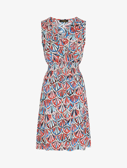 Robe mi-longue élastiquée imprimé éventails - Bleu - 2