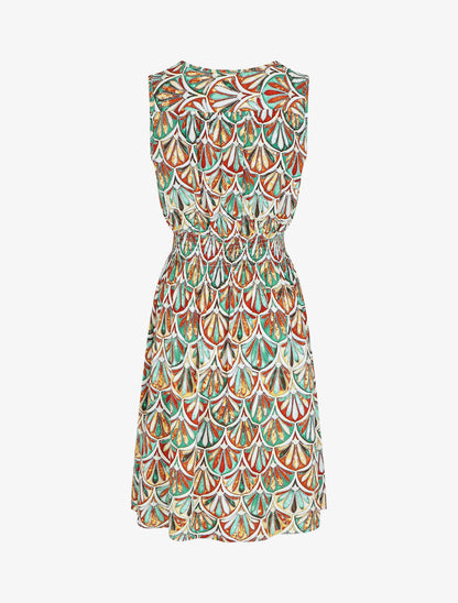 Robe mi-longue élastiquée imprimé éventails - Marron - 3