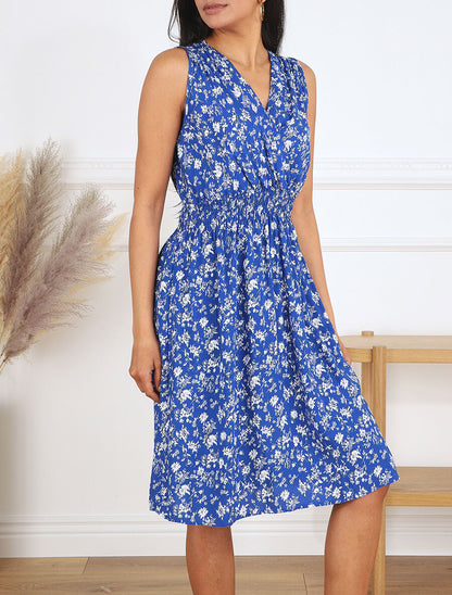 Robe imprimé fleuri à col cache-coeur - Bleu - 4