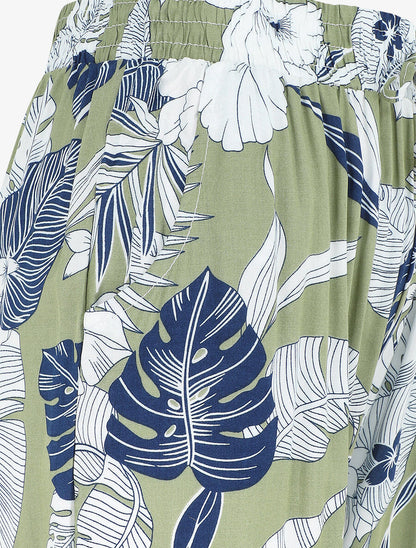 Pantalon imprimé feuilles tropicales à bas élastiqués - Kaki - 3