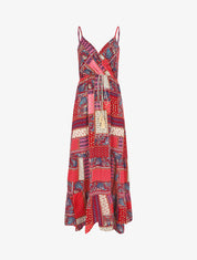 Robe longue style patchwork à bretelles - Rouge - 1