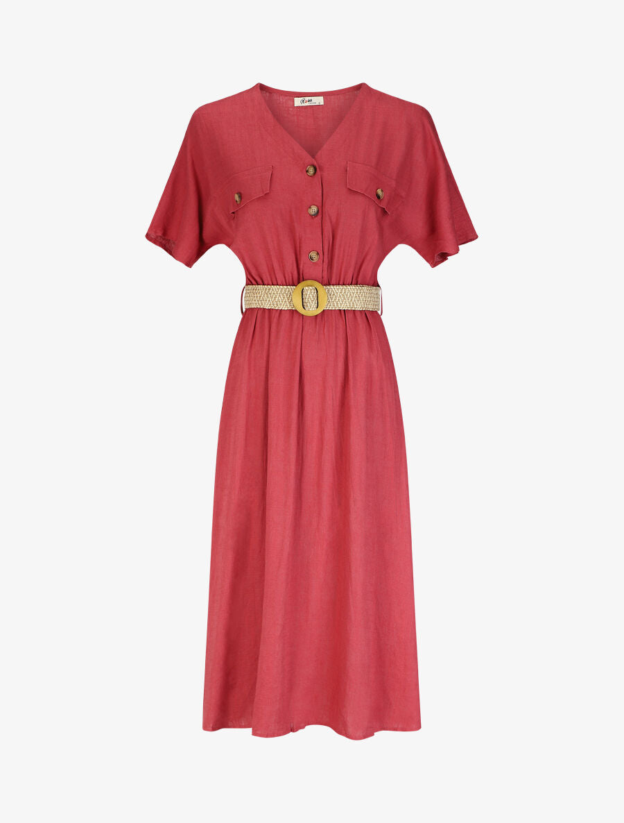 Robe longue uni manches courtes - Framboise - 5