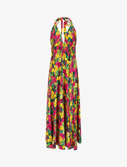 Robe longue fleurie dos nu - Jaune/fuchsia - 3