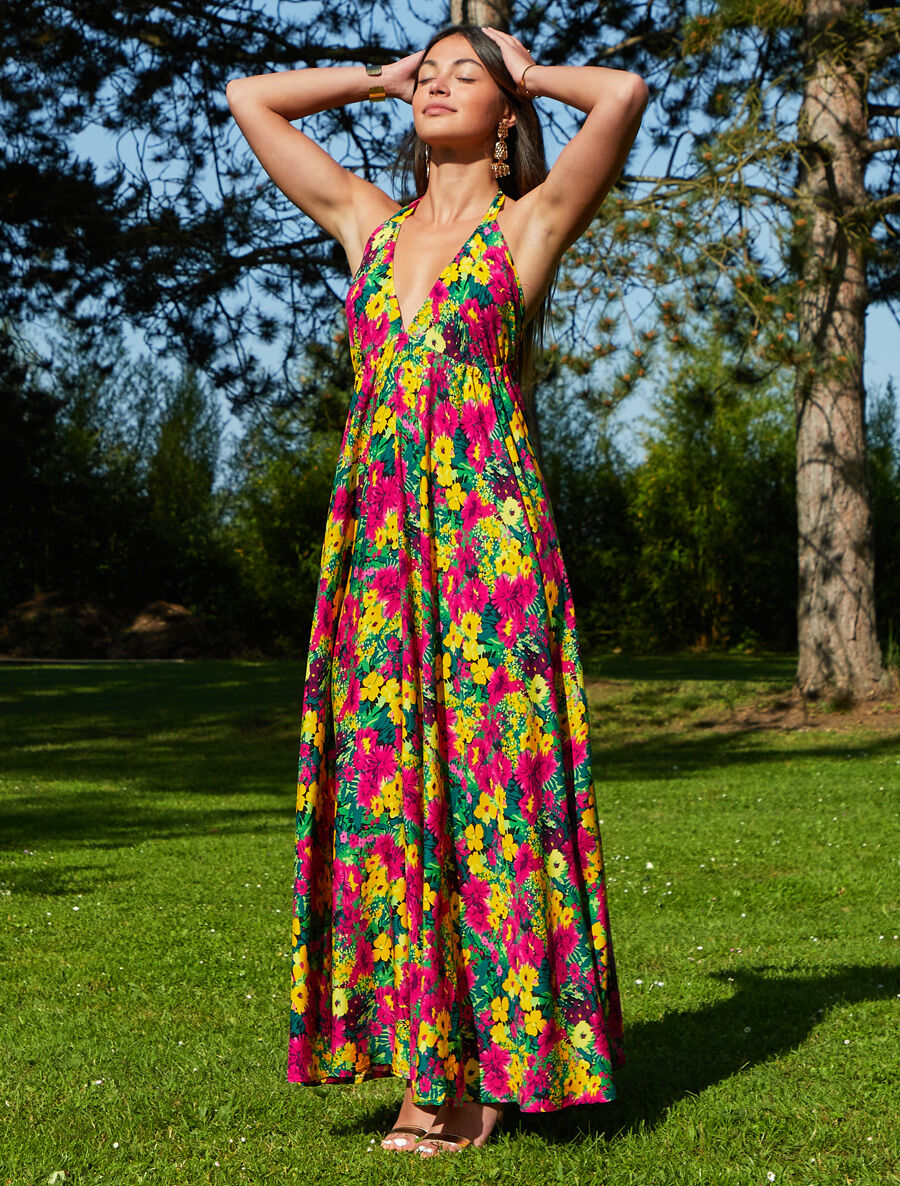 Robe longue fleurie dos nu - Jaune/fuchsia - 1