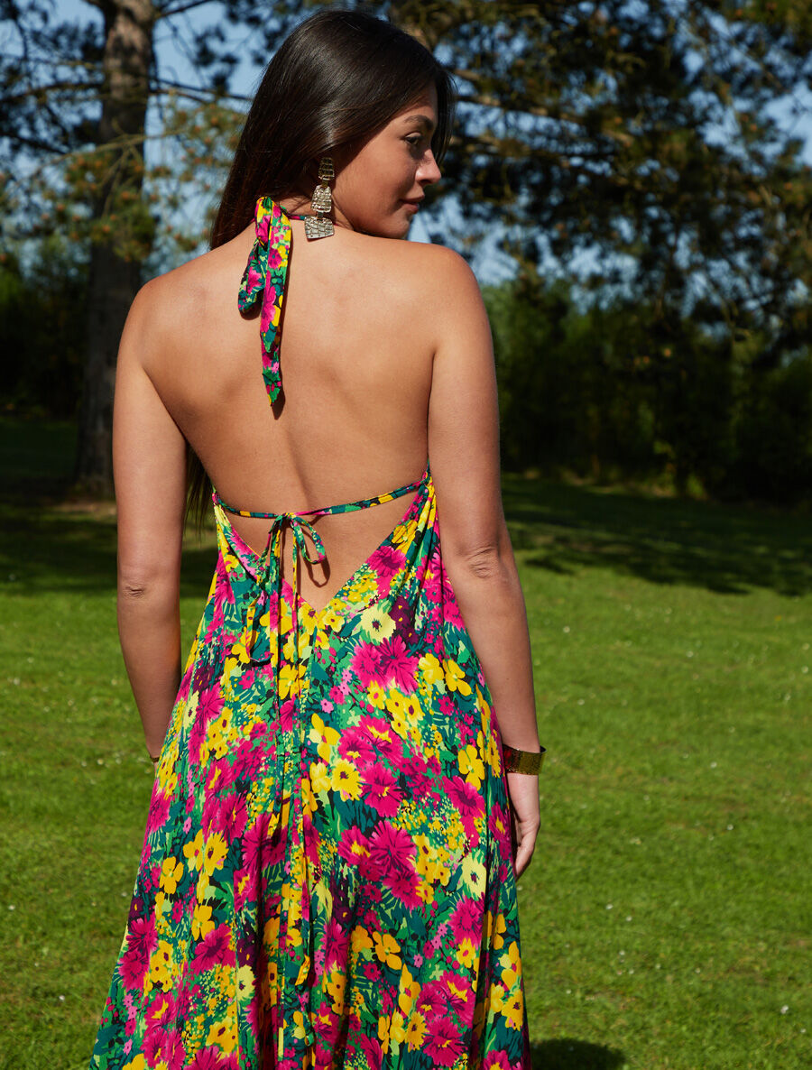 Robe longue fleurie dos nu - Jaune/fuchsia - 2