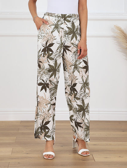 Pantalon à taille élastiquée imprimé feuilles - Kaki - 4
