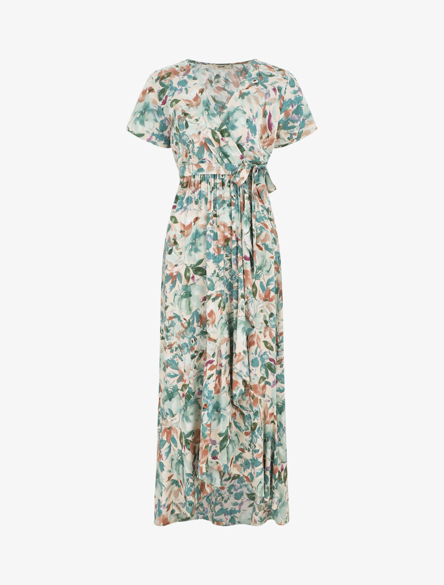 Robe longue fleurie manches courtes - Vert d&