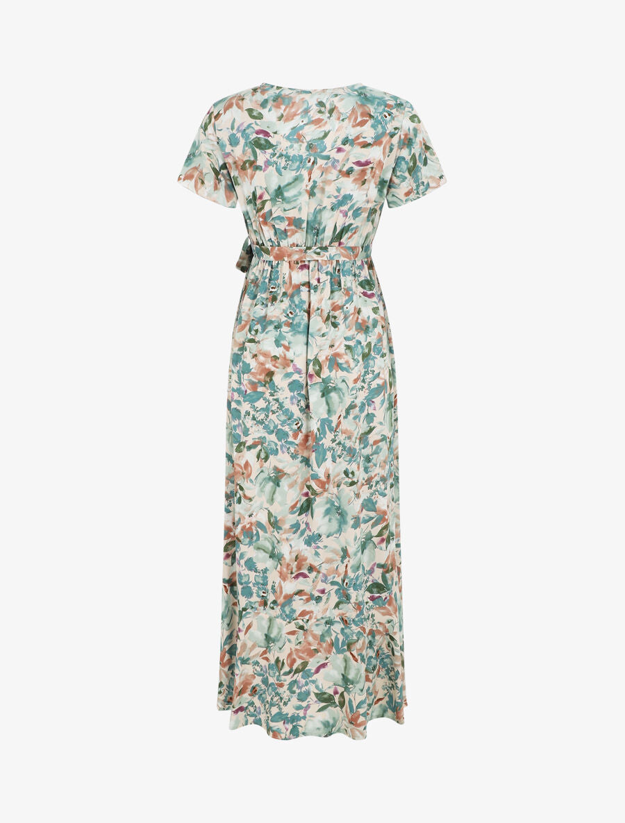 Robe longue fleurie manches courtes - Vert d&