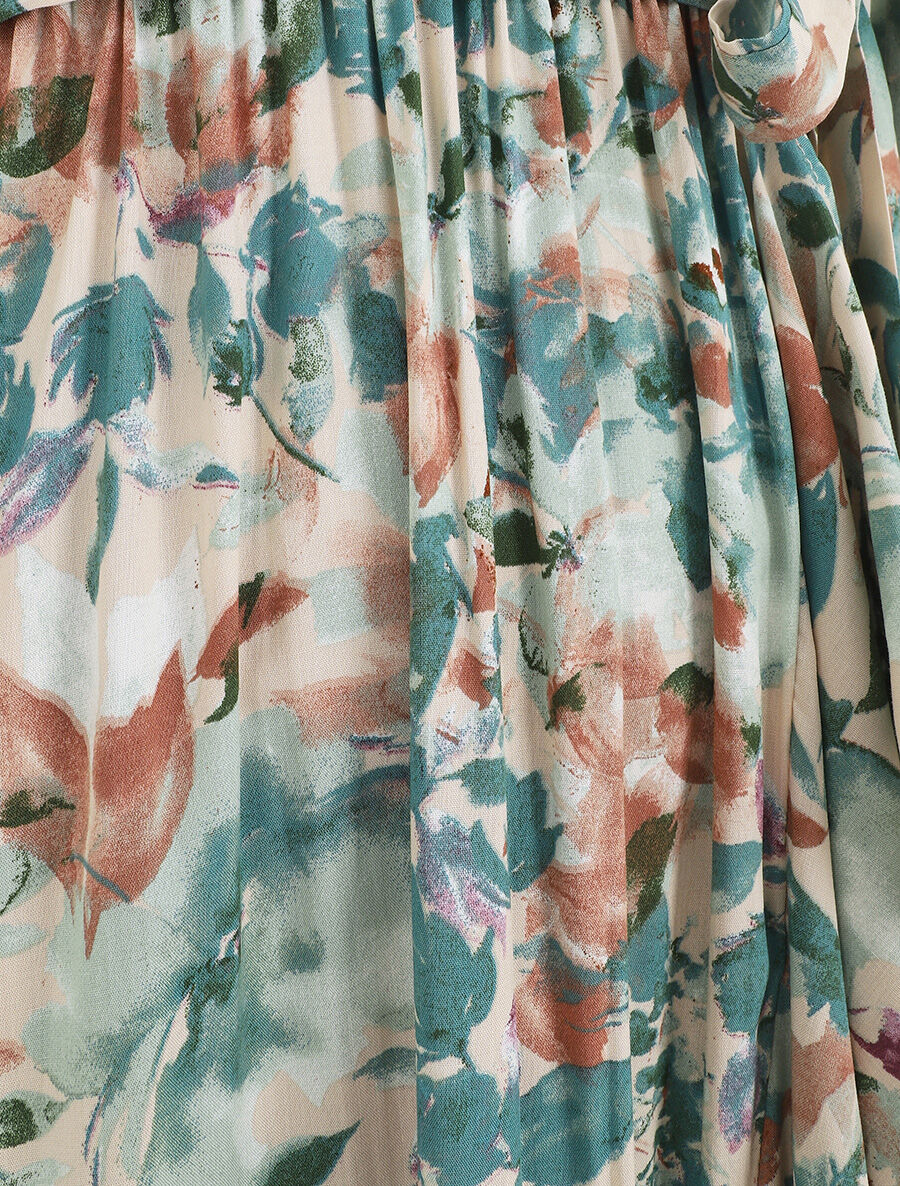 Robe longue fleurie manches courtes - Vert d&