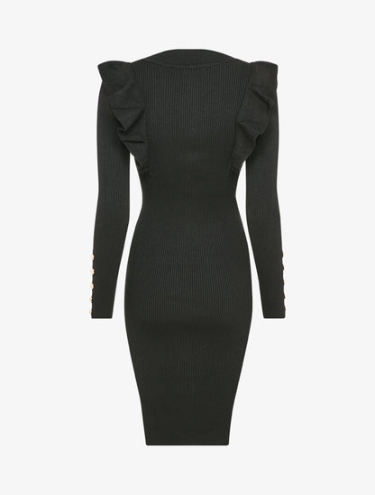 Robe côtelée à épaules volantées - Noir - 2