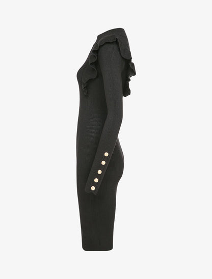 Robe côtelée à épaules volantées - Noir - 3