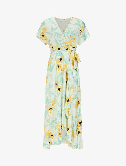 Robe longue à fleurs manches courtes - Vert pastel - 1