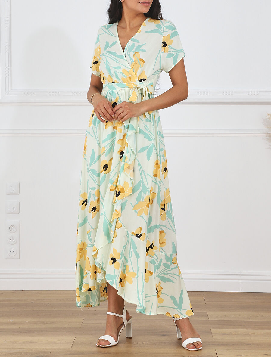 Robe longue à fleurs manches courtes - Vert pastel - 4