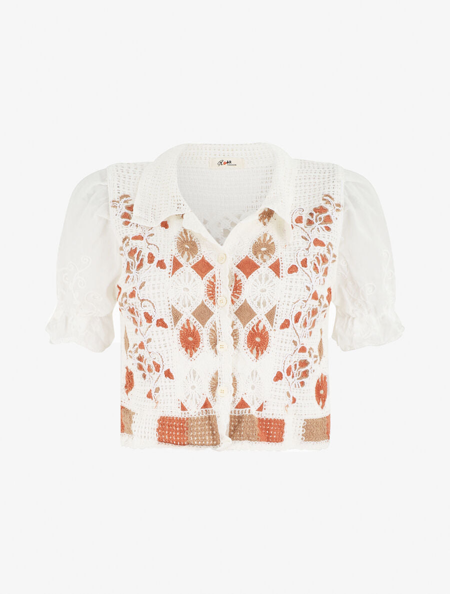 Gilet court en crochet fleuri - Blanc/orange - 5