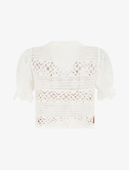 Gilet court en crochet fleuri - Blanc/orange - 2