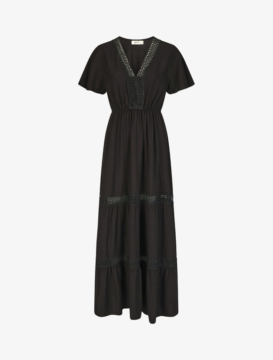Robe longue unie à manches courtes - Noir - 1