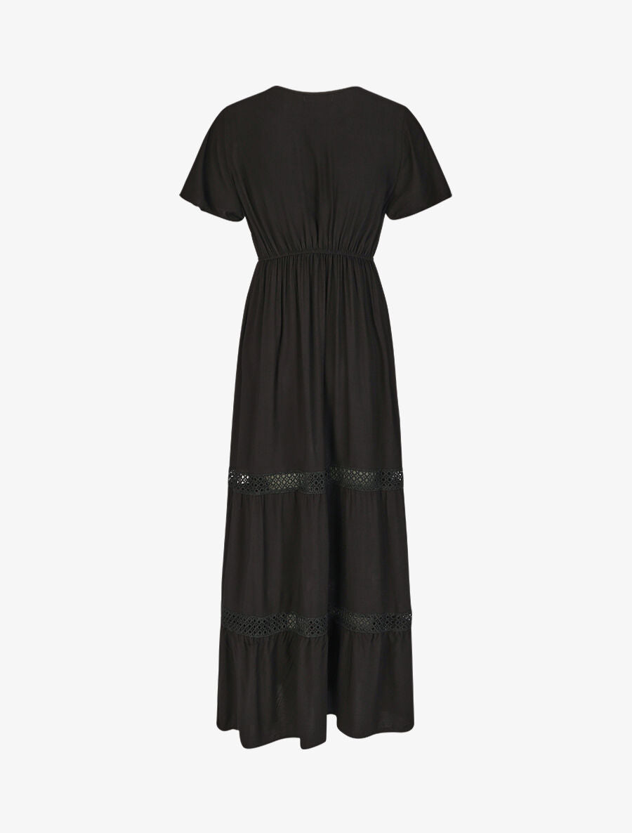 Robe longue unie à manches courtes - Noir - 2