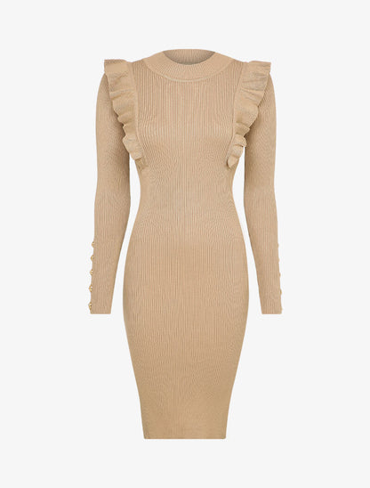 Robe côtelée à épaules volantées - Beige - 5