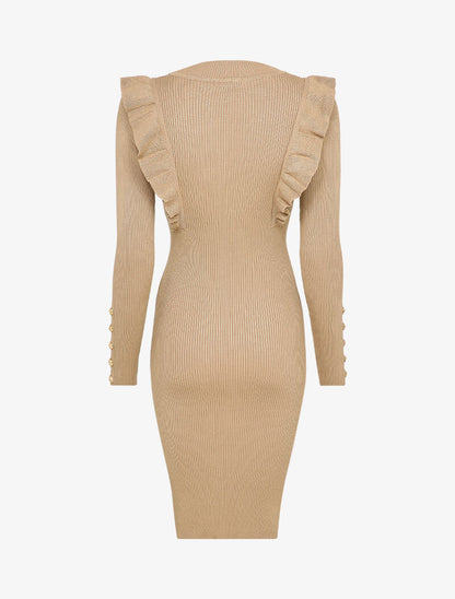 Robe côtelée à épaules volantées - Beige - 2