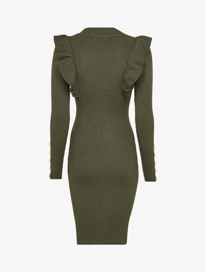 Robe côtelée à épaules volantées - Kaki - 2