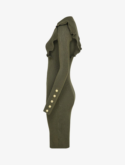 Robe côtelée à épaules volantées - Kaki - 3