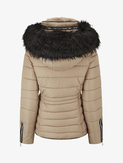 Doudoune mi-longue à capuche et poche intérieure - Taupe - 2
