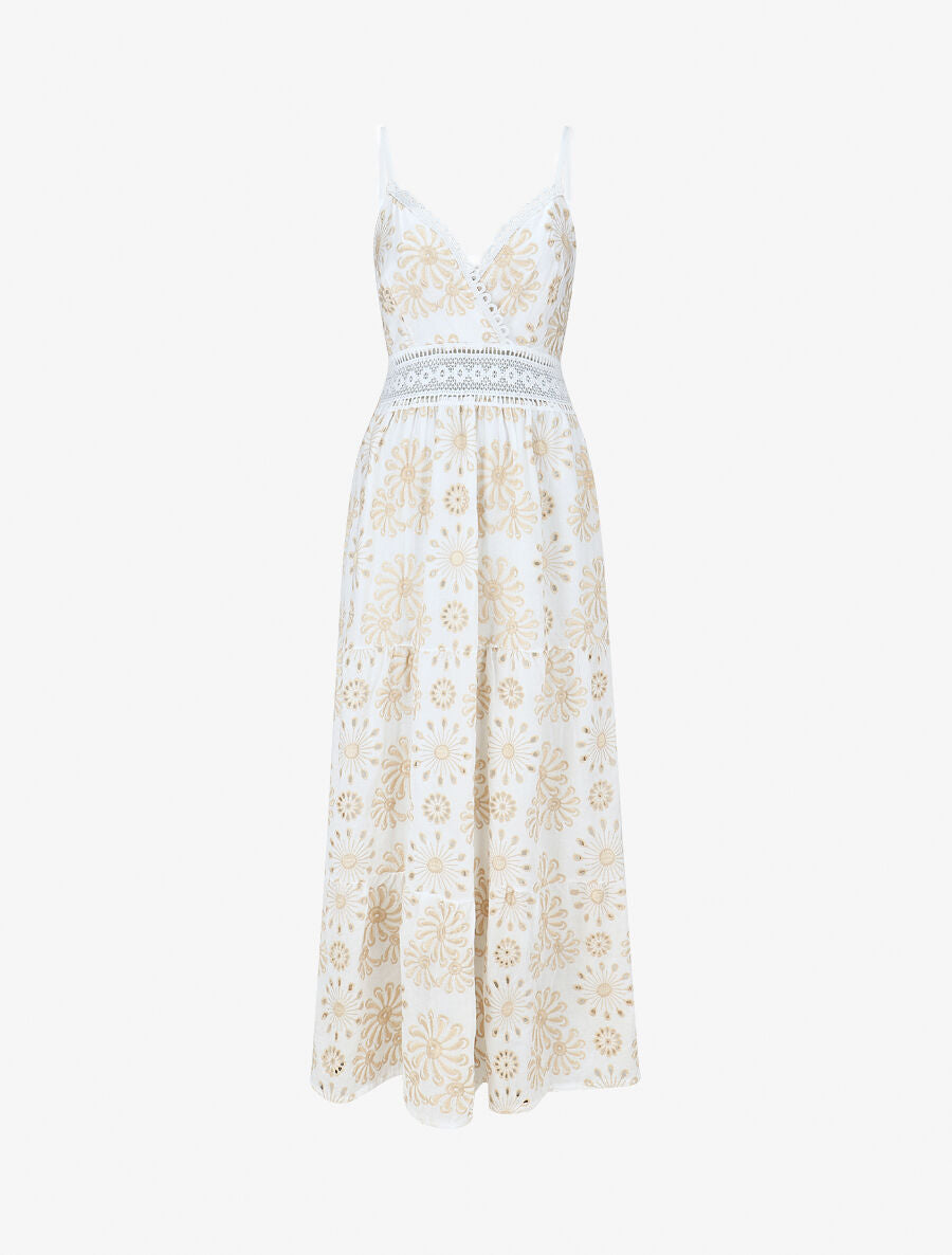 Robe longue élastiquée avec broderies - Crème - 4