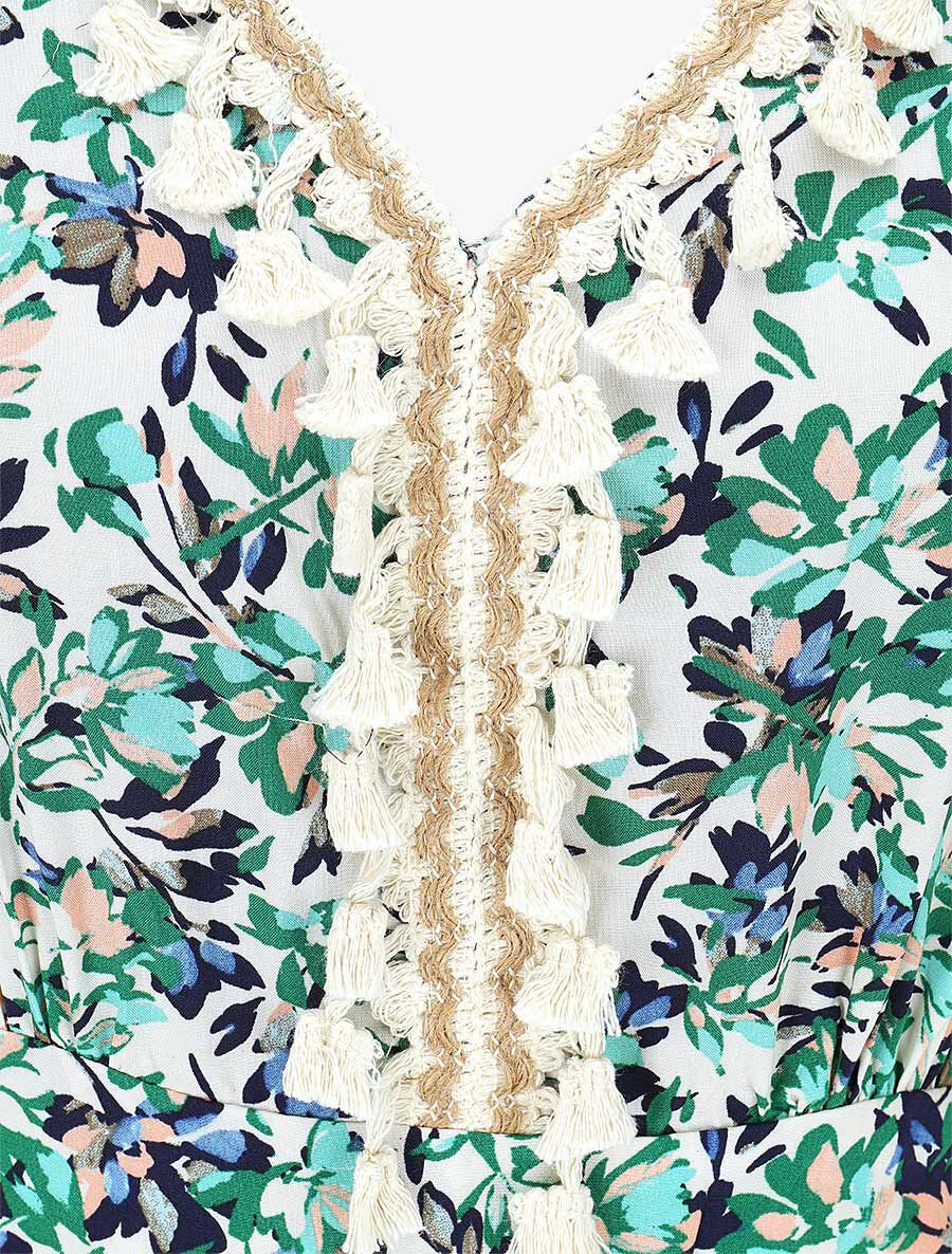 Robe imprimé fleuri à détail pampilles - Vert - 3
