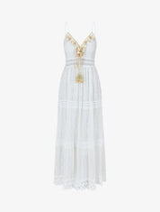 Robe longue crochet à détail pompons - Blanc - 1
