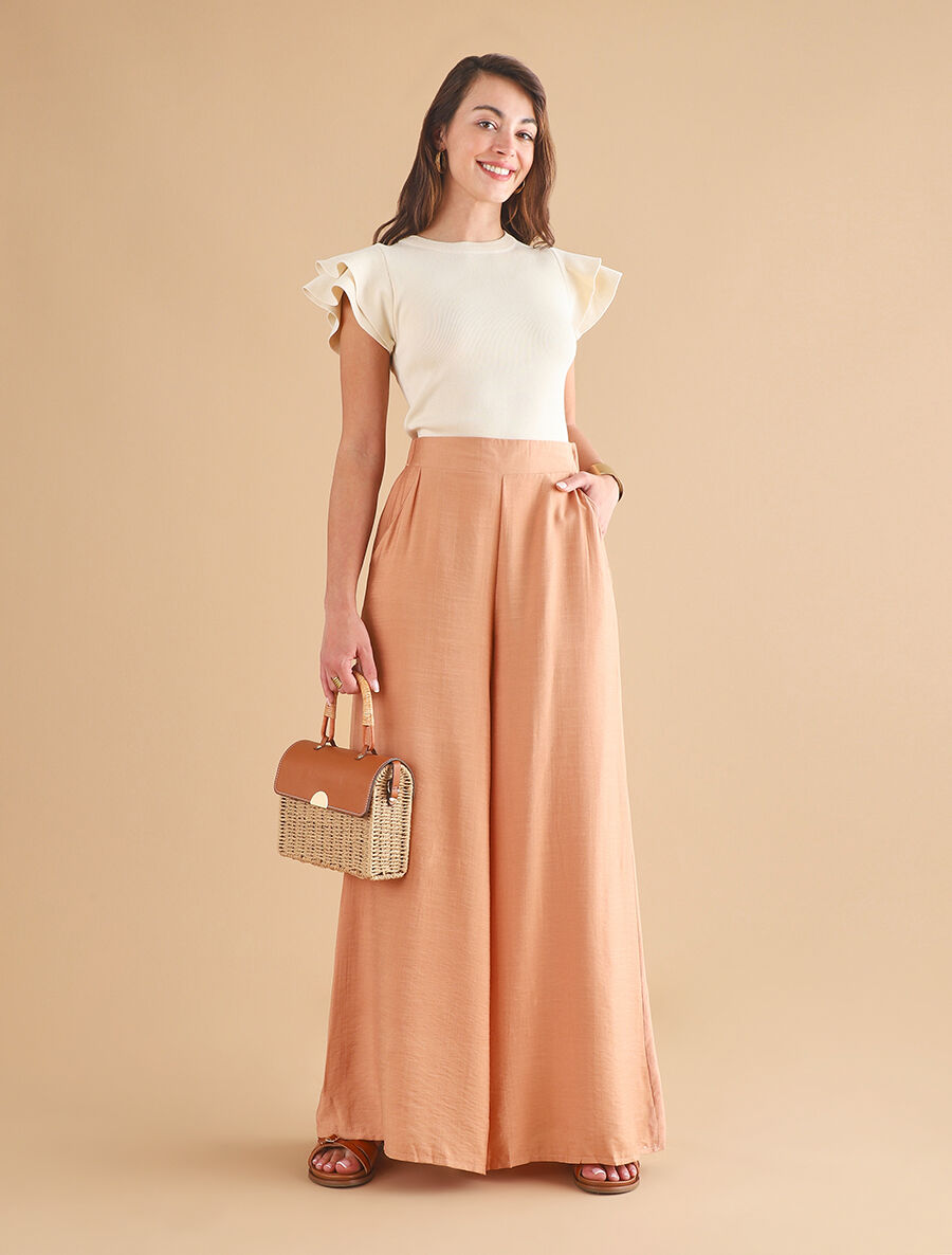 Pantalon ample taille haute élastiquée - Saumon - 4