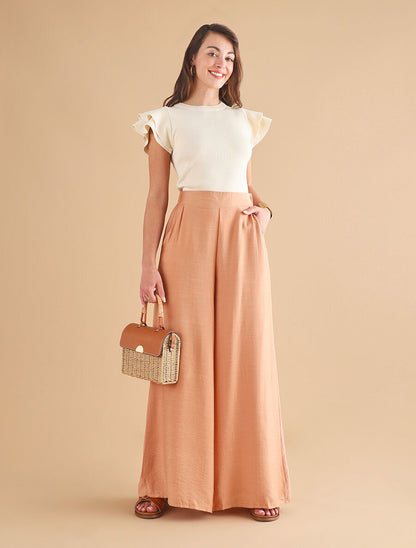 Pantalon ample taille haute élastiquée - Saumon - 4