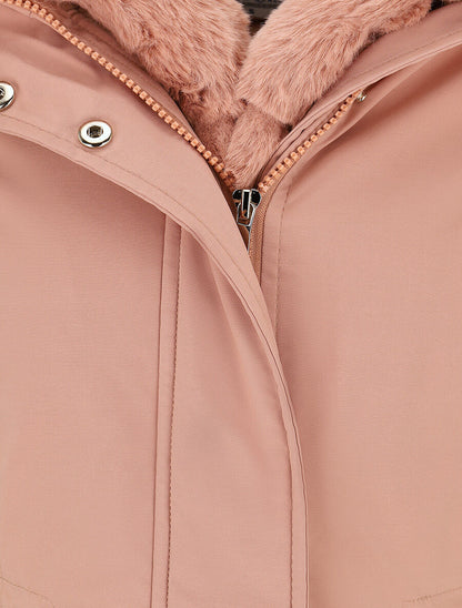 Parka uni à fourrure synthétique amovible - Rose - 3