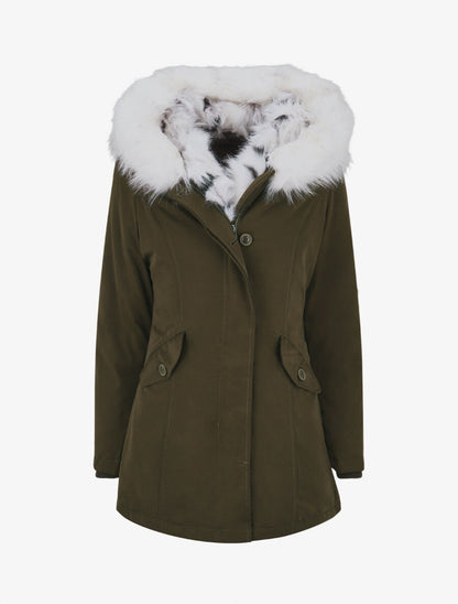 Parka uni à fourrure synthétique amovible - Kaki/blanc - 1