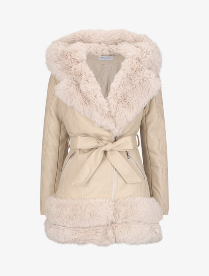 Manteau en simili à empiècement en fausse fourrure - Beige - 1