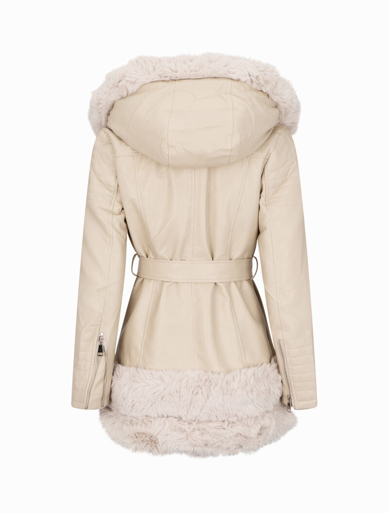 Manteau en simili à empiècement en fausse fourrure - Beige - 2