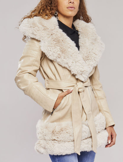 Manteau en simili à empiècement en fausse fourrure - Beige - 4