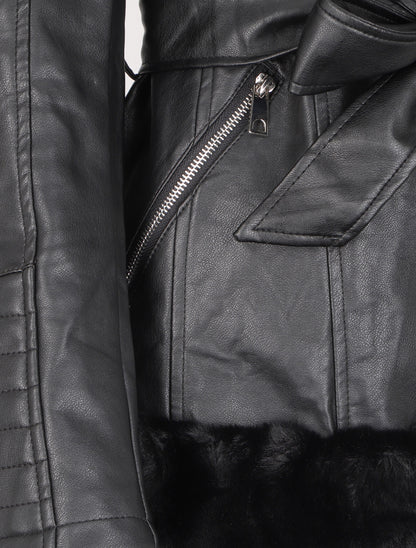 Manteau en simili à empiècement en fausse fourrure - Noir - 3