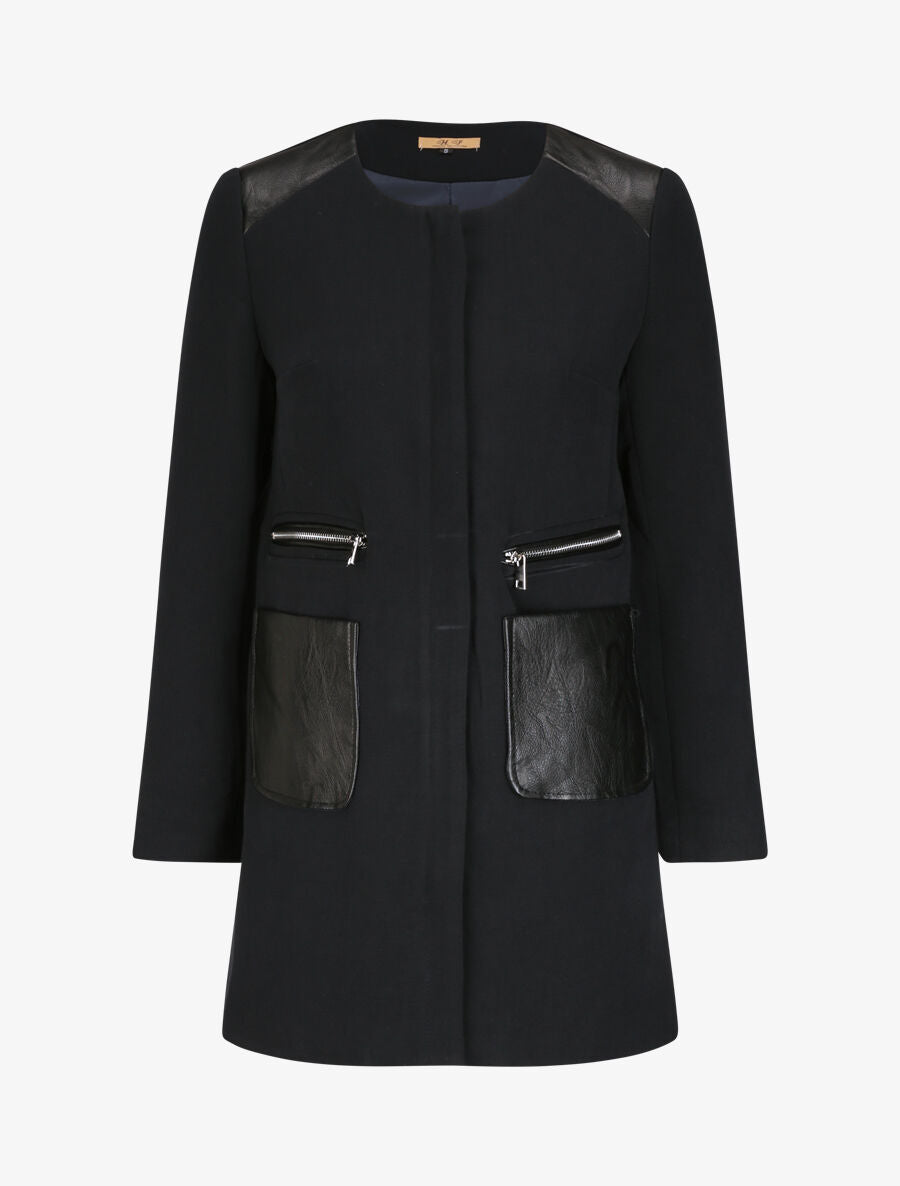 Manteau droit à poches plaquées en simili - Marine - 4